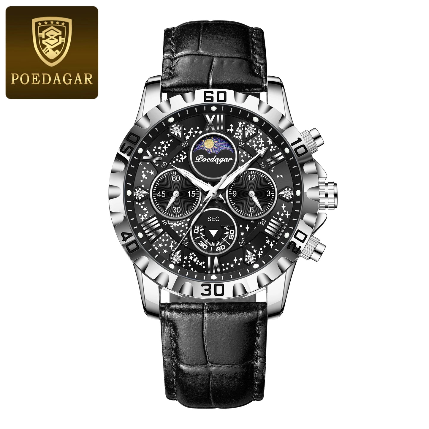 POEDAGAR men's Luxury Fashion Watch Waterproof Chronograph Leather Quartz Wriswatch