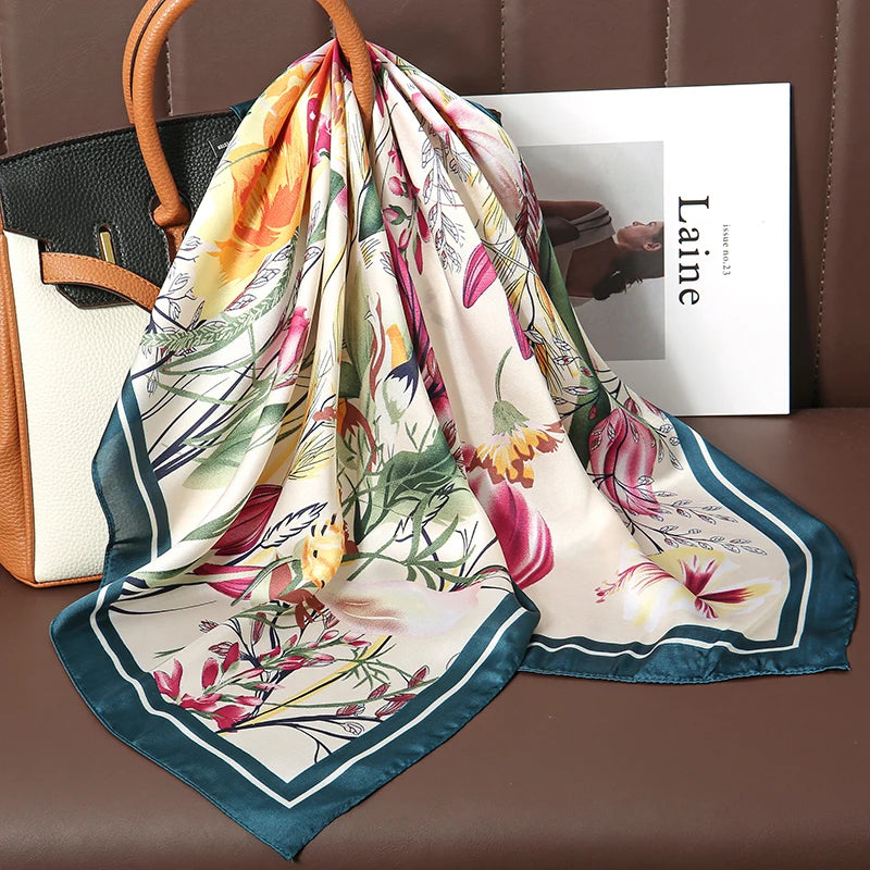 Luxury Print Satin Silk Square Scarf for Women Hijab Shawl & Elegant Wrap Accessory
