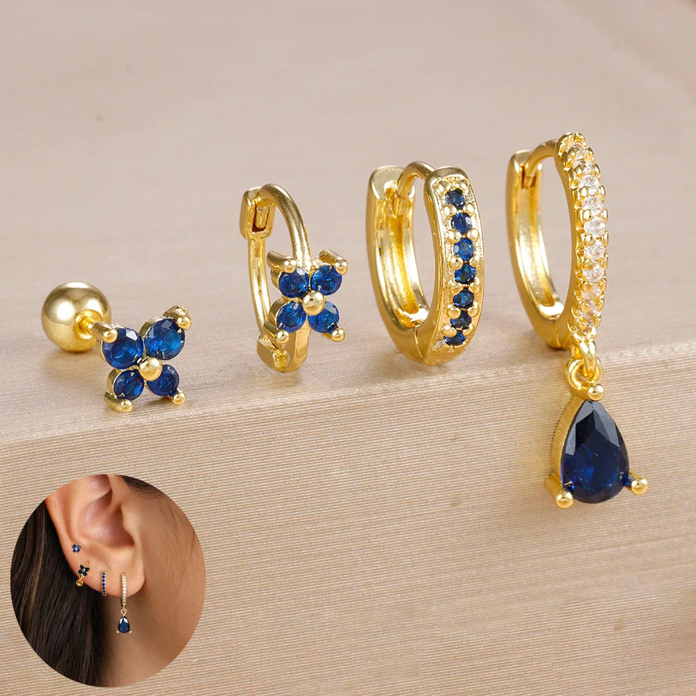 4-Pieces Zircon Star Moon Flower Small Hoop Earrings Set for Women