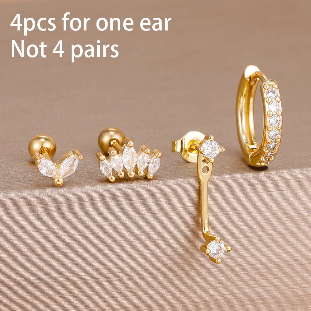 4-Pieces Zircon Star Moon Flower Small Hoop Earrings Set for Women
