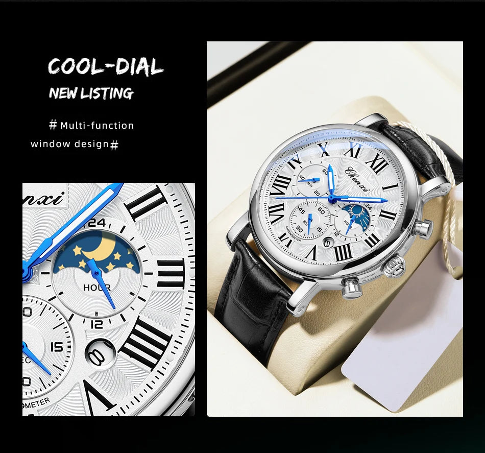 CHENXI 1973 Chronograph Watch- Moon Phase, Date Display & Leather Strap