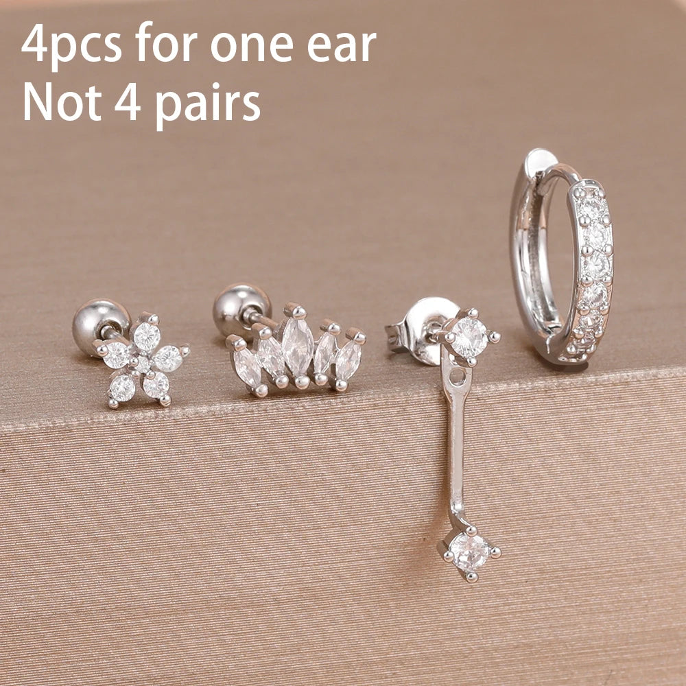 4-Pieces Zircon Star Moon Flower Small Hoop Earrings Set for Women