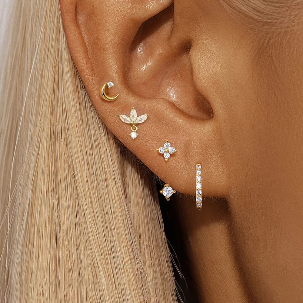 4-Pieces Zircon Star Moon Flower Small Hoop Earrings Set for Women