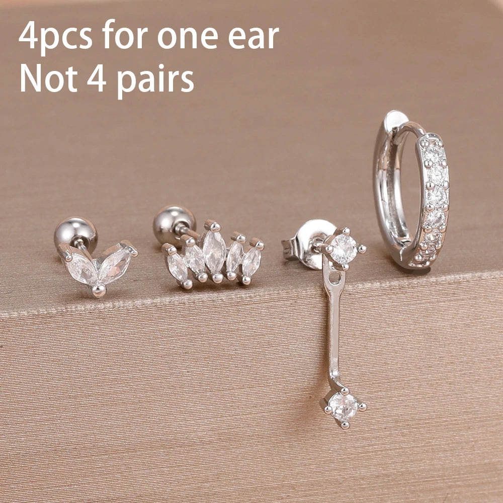 4-Pieces Zircon Star Moon Flower Small Hoop Earrings Set for Women