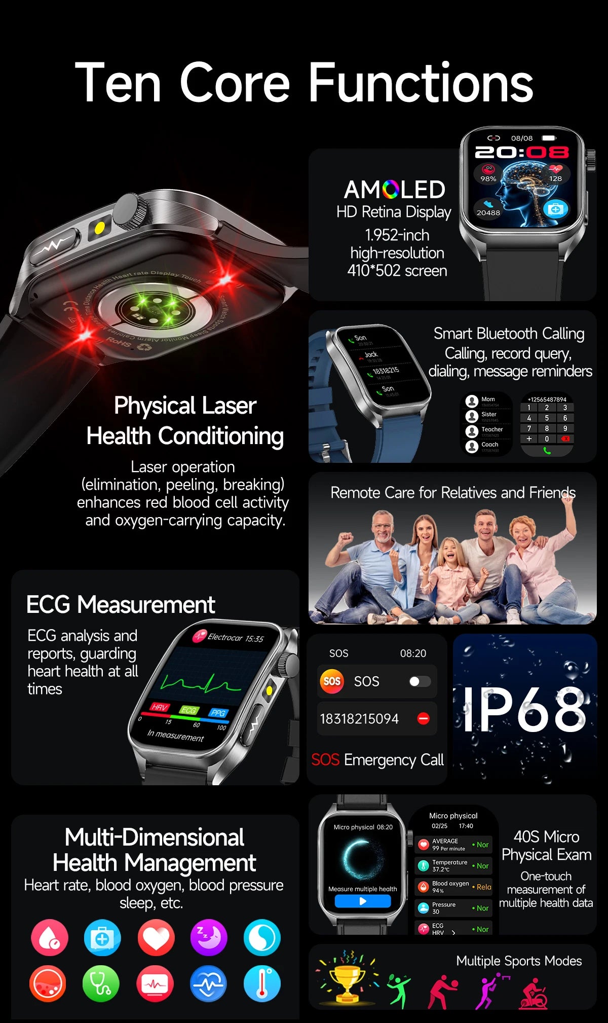2025 Nursing Grade Laser Therapy Smartwatch- ECG PPG Blood Pressure Uric Acid Monitor