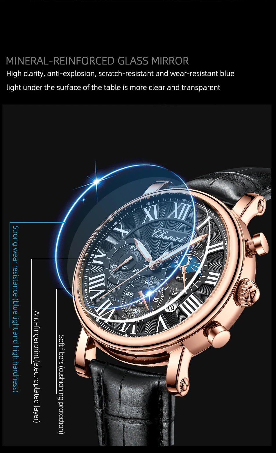 CHENXI 1973 Chronograph Watch- Moon Phase, Date Display & Leather Strap