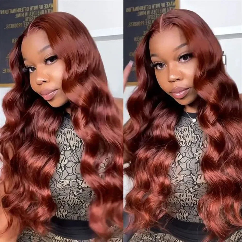 13x4 Reddish Brown Body Wave Lace Front Wig Human Hair HD Lace Pre-Plucked 4x4 Closure